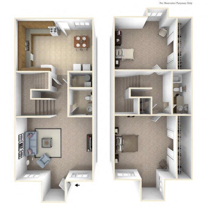 Floor plan for 2 beds, 1.5 baths, 985 sqft